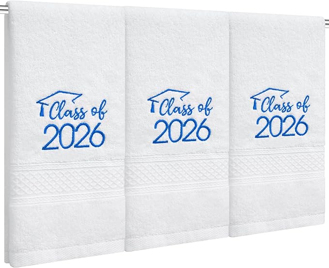 MASHAN Class of 2026 Graduation Hand Towels 3 Pack,100% Cotton Soft Absorbent Bathroom Towels,Senior 2026 Graduation Gift for Girls Boys,Blue Decorative Towels 14x30 Inch