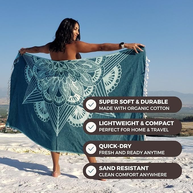FESHKA Sand Proof Turkish Beach Towel – Oversized, Quick Dry & Lightweight Travel Towel - 100% Organic Cotton Beach Blanket - Perfect for Bath, Pool & Picnic | Frozen (Teal)