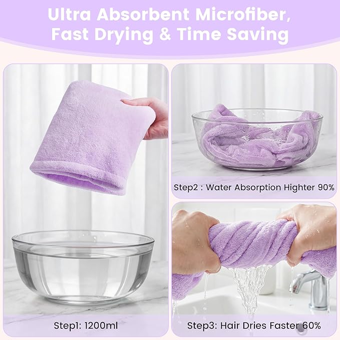 Microfiber Hair Towel Wrap for Women, 2 Pack Large Fast Drying Hair Towel, Ultra Soft Thick Absorbent Anti-Frizz Towel for Curly Long Wet Hair, Durable Double Stitched Edges(Purple /Lavender)