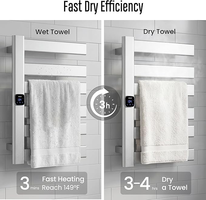 Towel Warmer, Heated Towel Rack with Built-in Timer and Temperature Control,Hard-Wired(Left-Wiring)/Plug-in Wall-Mounted Towel Rail, Aluminum, 18.8" W X 25.6" H, Silver