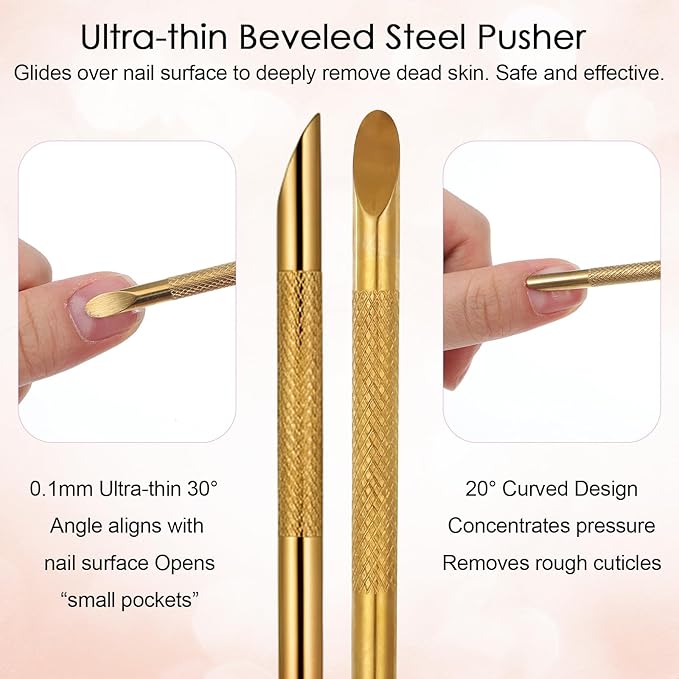 100/180 Grit Sandpaper Sheets Dual Ended Nail Cuticle Pusher, Cuticle File Stainless Steel Nail Pusher Russian Prep Nails Pushers Self-Adhesive Sandpaper for Manicure Pedicure Nails Care Tools, Gold