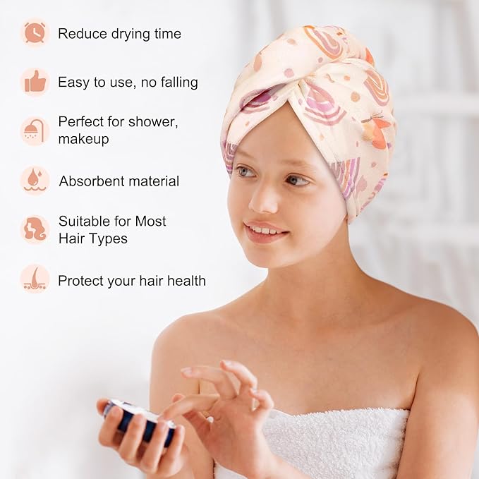 Basumee Microfiber Hair Towel Wrap for Kids 2 Pack Rapid Drying Hair Towel with Button Hair Turbans for Wet Hair Wraps Head Towel Wrap for Women and Girls