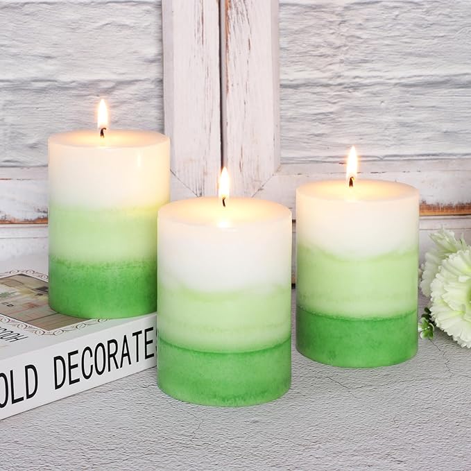 Pillar Candles 3x4 Inch Eucalyptus Scented Hand-Poured Layered Green Gradient Candle Long Lasting Clean Burn Candle for Home Scented Relaxation Spa Holiday Dinner Table Rustic Decor, 3 Pack