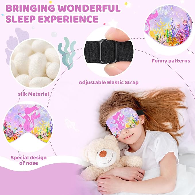 2 Pcs Sleep Mask for Kids Girls, Silk Eye Covers for Sleeping, Adjustable Strap & Light Blocking Design, Children's Bedtime Blindfold for Travel and Home Use (Mermaid)