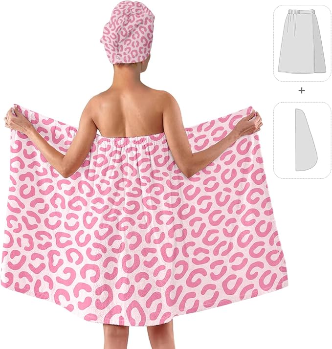Pink Leopard Print Towel Wrap Skirt for Women with Hair Turban – Microfiber Bath Wrap Set with Adjustable Closure – Quick Dry Spa Towel for Shower, Gym, Dorm, Travel