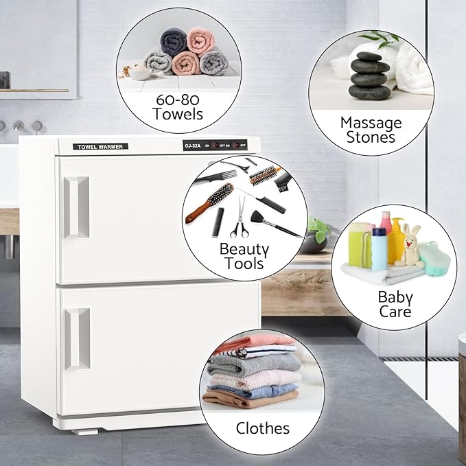 Kikihouse Hot Towel Warmer, 32L Large Capacity Hot Towel Cabinet, Facial Towel Warmers with Clip & Stainless Steel Rack & Water Drip Tray, Fits 80 Towels, for Spa, Salon, Esthetician