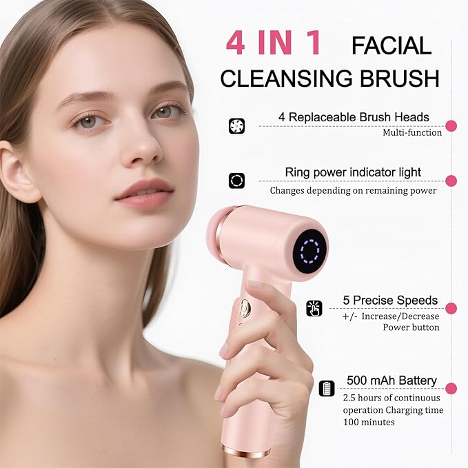 Electric Facial Cleansing Brush with 4 Brush Heads & 5 Speeds - IPX6 Waterproof, Type-C Fast Charging - for Deep Cleansing, Exfoliating, Pore Minimizing & Makeup Removal (Pink)