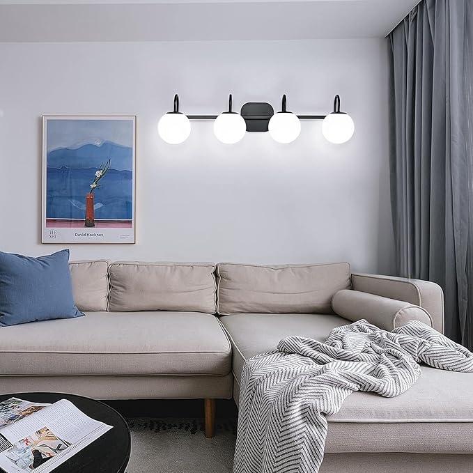 Vintage Bathroom Light Fixtures 4-Lights Black Mid Century Vanity Lights with Milk White Glass Globe Shade Vintage Wall Sconces Lighting Bath Vanity Lights Bar Over Mirror(Exclude G9 Bulb)