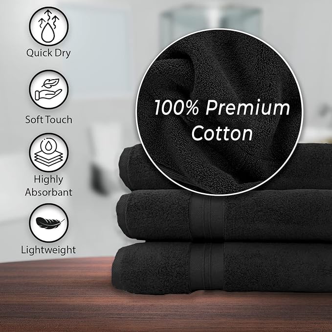 KAHAF COLLECTION 100% Cotton Bath Towels, 24x48 Pack of 6 Towels, Quick Dry, Highly Absorbent, Soft Feel Towel, Gym, Spa, Bathroom, Shower, Pool, Luxury Soft Towels (Black, 24x48-6 Pack)