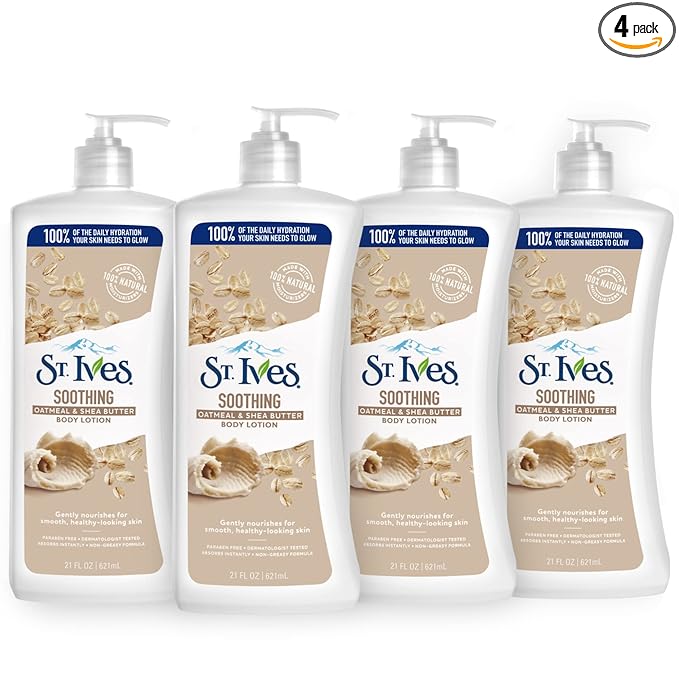 St. Ives Soothing Hand & Body Lotion for Women with Pump, Daily Moisturizer Oatmeal and Shea Butter for Dry Skin, Made with 100% Natural Moisturizers, 21 fl oz, 4 Pack