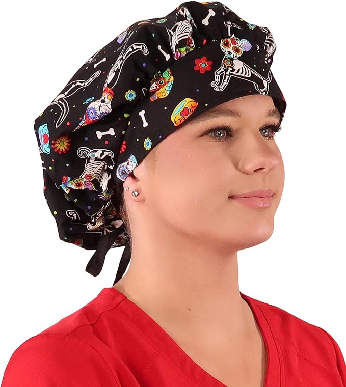 Sparkling EARTH Banded Bouffant Surgical Scrub Ponytail Working Caps and Built-in Sweatband - 100% Cotton - Made in The USA
