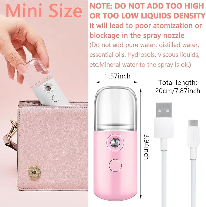 Mudder 4 Pcs Nano Facial Mister Handy Nano Mist Sprayer 30ml Visual Water Tank Portable Face Steamer Mini USB Mister for Lash Extensions, Skin Care, Makeup(White, Black, Light Pink, Pink)