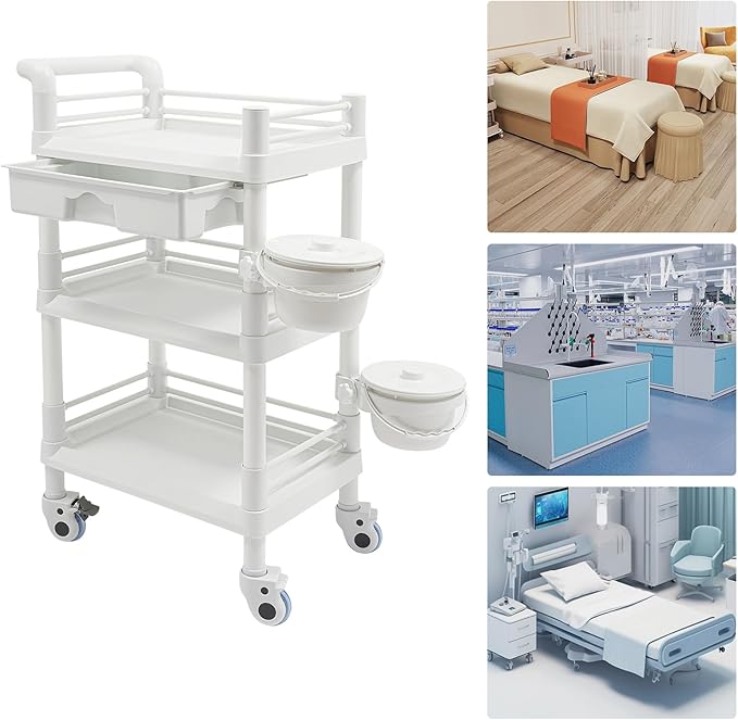 Salon Storage Cart, 3 Tier Rolling Beauty Organizer with 2 Garbage Baskets & 1 Drawer, 80kg/176.37lbs Capacity, Movable Storage Trolley for Beauty Salon SPA (White)