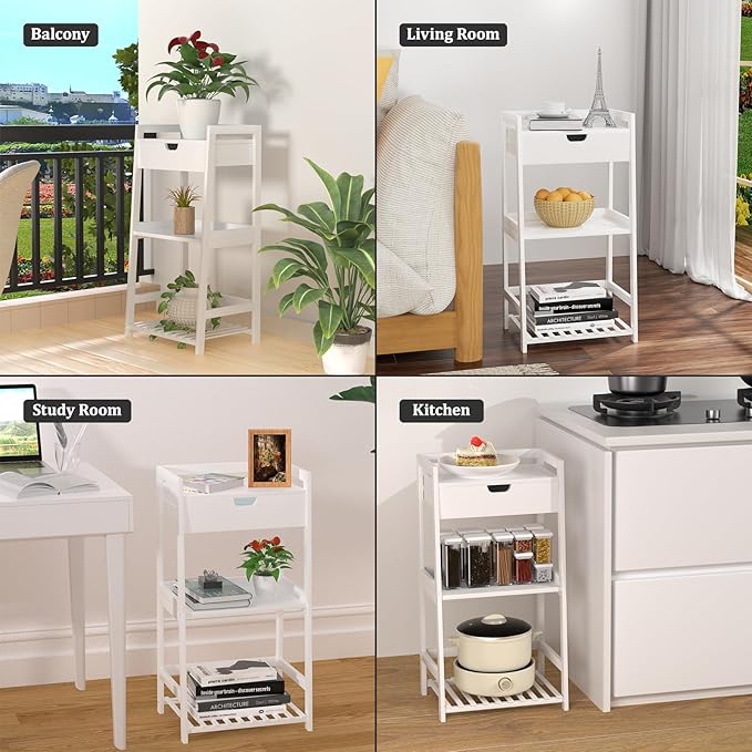 POXAKA 3 Tier Bamboo Bathroom Shelves with Drawer, Ladder Shelf for Bathroom Storage, Space-Saving Design, Stylish Display Nightstand, Stylish Storage Solution for Home, Living Room, Kitchen, Office