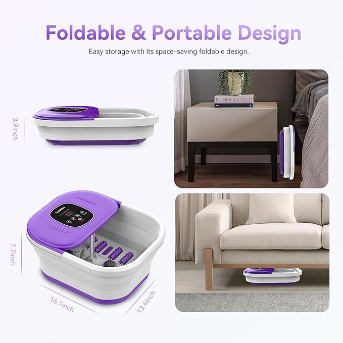 CuPiLo Foot Spa Bath Massager with Heat, Collapsible Foot Massager Spa Soaking Tub with Bubbles, Red Light, Pumice Stone, Shiatsu Massage Rollers, Pedicure Foot Spa for Relaxation, Gifts(Purple)