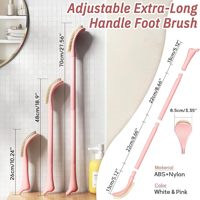 Foot Brush/Foot File/Silicone Body Scrubber Set(3PCS), 3-in-1 Foot Scrubber with Long Handle, 10.2’’-27.5’’Adjustable Foot Scrub Brush with Foot File and Silicone Loofah, Gift-Box(Pink Set)