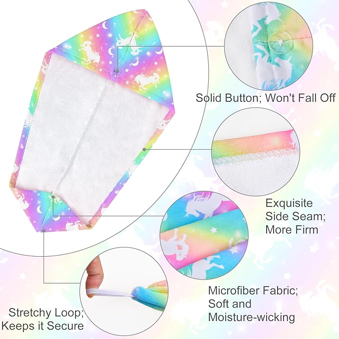 Microfiber Hair Towel Wrap for Kids 2 Pack Quick Drying Hair Towels with Button Hair Turbans for Wet Hair Absorbent Quick Dry Wraps Head Towel Wrap for Women and Girls, Rainbow Blue Purple Unicorn