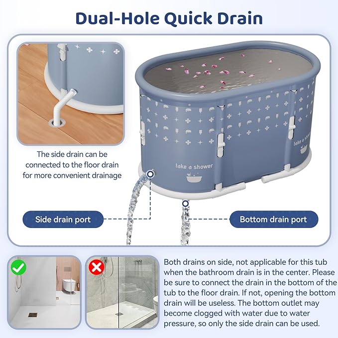 Portable Bathtub, Foldable Bathtub No Installation, Freestanding Shower Bathtubs with Cushion, Collapsible SPA Soaking Bath Tub, Hot & Ice Bath Tub for Indoor Outdoor (Water Pattern Blue)