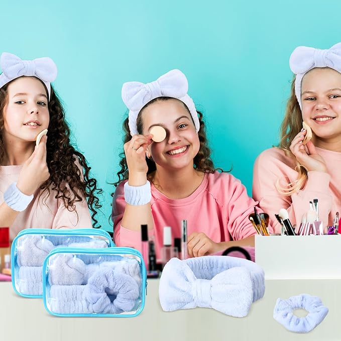 Hoteam 10 Pcs Spa Party Supplies Gift for Mother's Day Sleepover Party Favor Spa Headband Wristband Sleep Eye Mask Velvet Scrunchies for Skin Care Makeup Slumber Night Favor(Blue)
