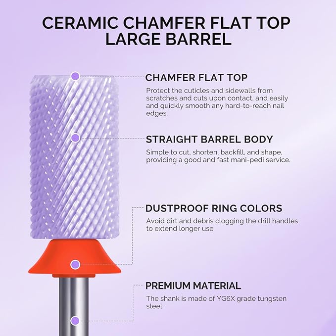 MelodySusie Ceramic Nail Drill Bits, 3/32'' Chamfer Flat Top Large Barrel Bits, Fast Remove Acrylic or Hard Gel, Nail Tool for Manicure Pedicure, Salon Home, Professional or Beginner, Purple, Fine