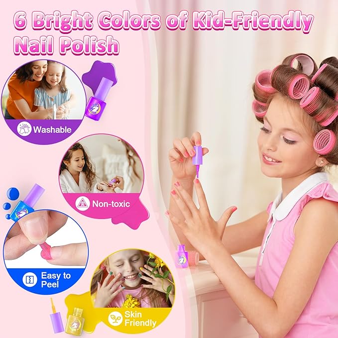 Kids Nail Polish Set for Girls, Nail Art Kit with Nail Dryer & DIY Nail Stickers, Nail Kit Toys for Girls with Non-Toxic Nail Polish,Age 3-12 Little Girl Gift Toys- Purple