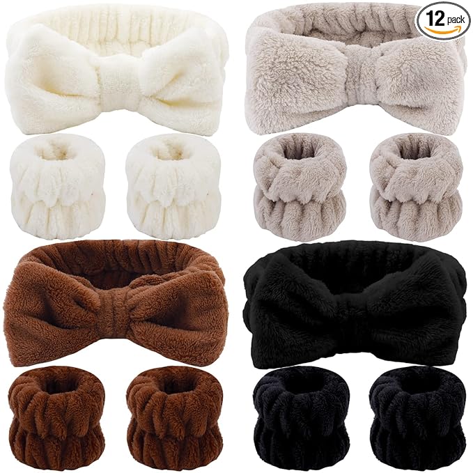12PCS Spa Microfiber Headband and Wrist Towels for Women - Soft Absorbent Elastic Bow Skincare Set for Makeup, Hair Washing, and Facial Care