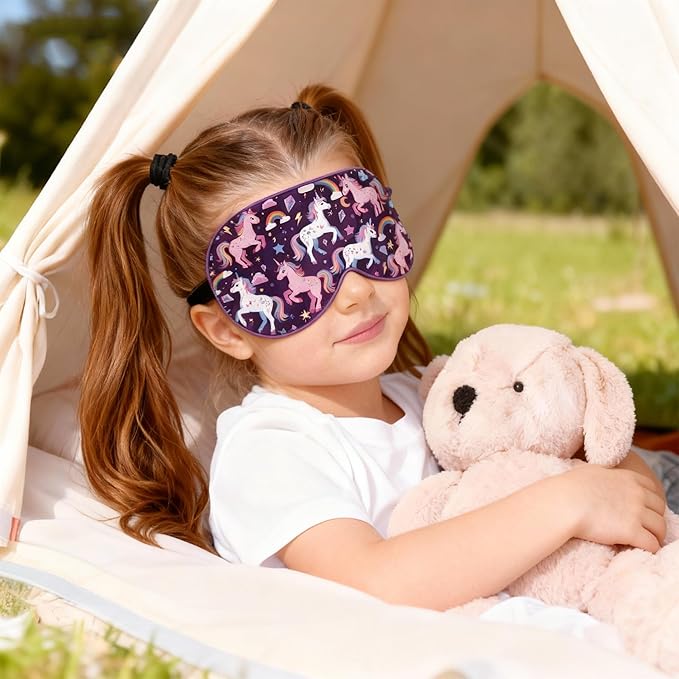 Silk Kids Sleep Mask: 100% Mulberry Silk Eye Mask, Sleeping Masks with Adjustable Strap, Soft & Light-Blocking Printed Kid Eye Cover for Boys Girls Teens Aged 5-15 (Horse Theme)