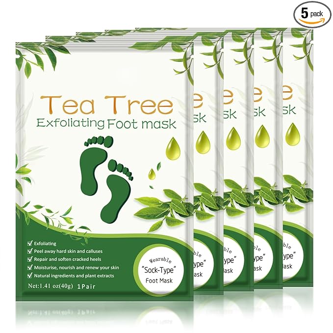 Liefiet Foot Peeling Mask 5 Pack, Foot Mask Remove Dead Skin, Rough Callus and Cracked Heels, Dry Skin Moisturizer for Soft and Smooth Baby Touch Feet (Tea Tree)