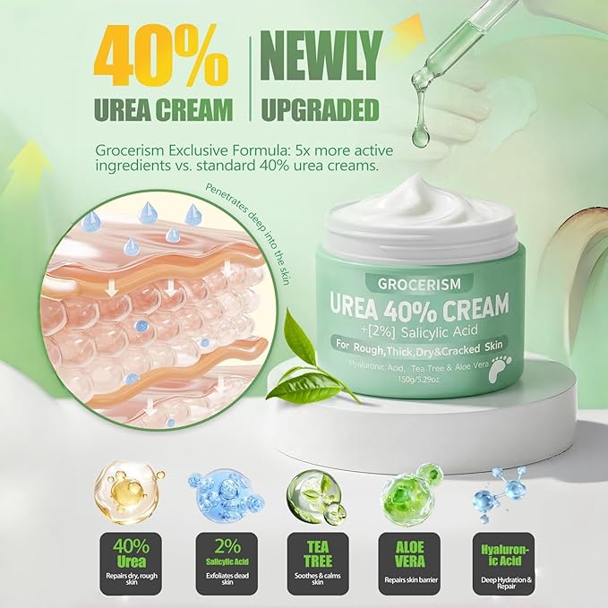 Grocerism 2 Packs Urea Cream 40% Plus 2% Salicylic Acid 5.30 oz || Foot Cream Maximum Strength with Hyaluronic Acid, Tea Tree, and Aloe Vera for Deep Moisturizes, Callus Remover and Soften