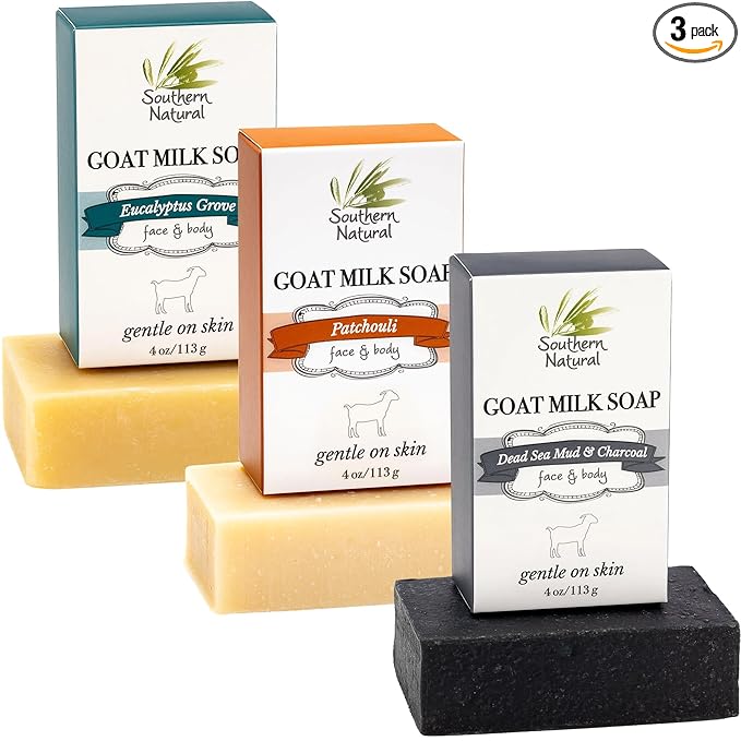 Southern Natural Goat Milk Soap Bar (Variety 3 Pack) Dead Sea Mud & Charcoal, Patchouli, Eucalyptus Grove - For Dry Sensitive Skin. Great For Face and Body.(Each Bar 4-4.5 oz)