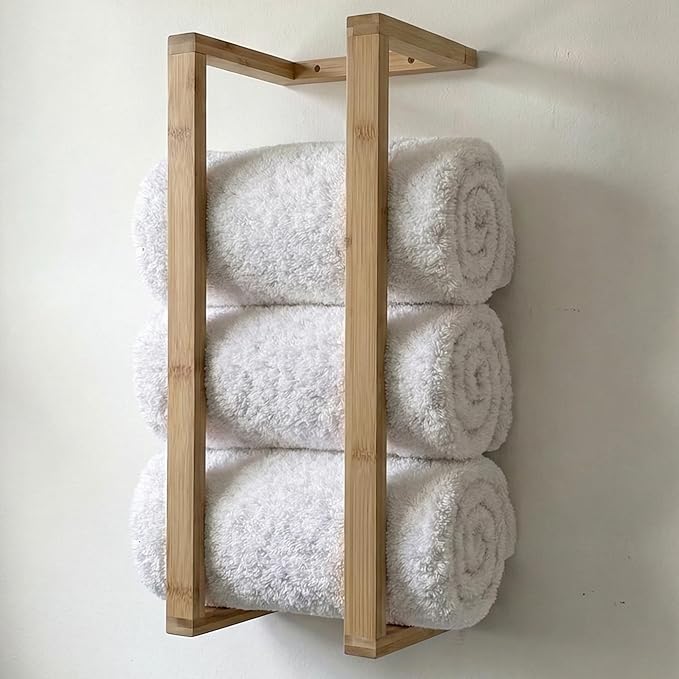 Bamboo Towel Racks - Vertical Wood Towel Rack Bamboo Bathroom Accessories, Storage, Wall Towel Rack for Rolled Towels for Bathroom Furniture, Spa Furniture and Decor (Natural, Medium)
