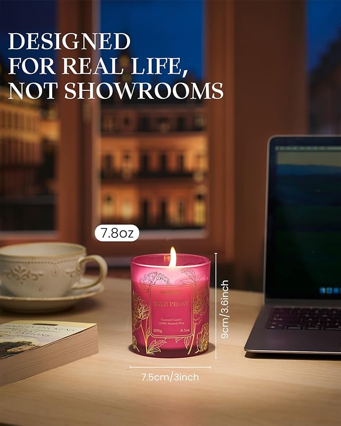 M&SENSE Wild Peony Floral Natural Soy Scented Candle, 7.8oz 42H Non-Toxic Long Burning, Romantic Home Fragrance, Perfect for Moms for Wife & Her