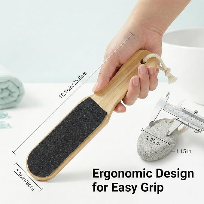 2-Piece Foot File and Pumice Stone Set, Wooden Callus Remover for Feet, Pedicure Tools for Removing Dead Skin & Hard Heels