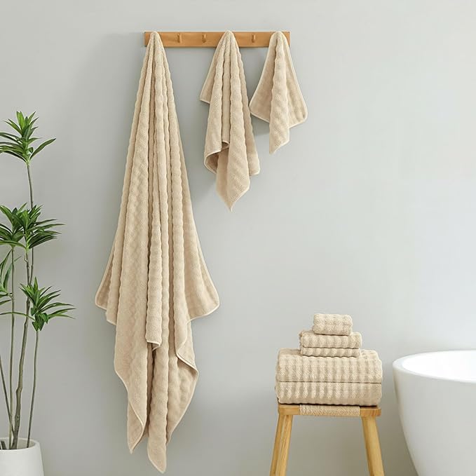KBY Bath Towels Set 6 Piece 40x80 Inches，2 Extra Large Bath Sheets 2 Hand Towels 2 Washcloths，Highly Absorbent Quick Dry Microfiber,Ultra Soft Towel Set for Bathroom，Spa，Gym， Hotel (Beige)