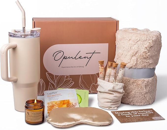 Opulent Luxury Self Care Gifts for Women - Hug in a Box Comfort Care Package - Spa Mothers Day Gift Set with 40 oz Tumbler & Cozy Blanket - Ideal for Thinking of You, Birthday, Sympathy & Corporate
