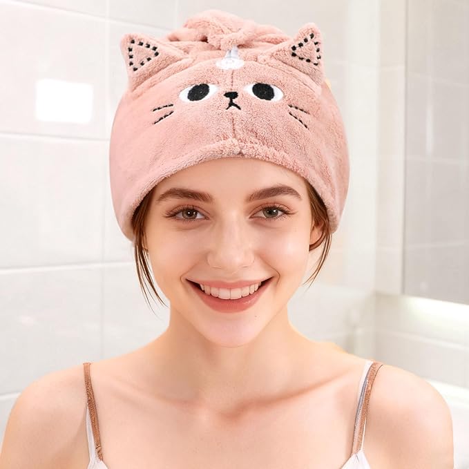 2Pack Microfiber Hair Towel Wrap for Kids, Cute Cat Absorbent Hair Drying Turbans Head Towels for Women Girls (Pink and Khaki Cat)