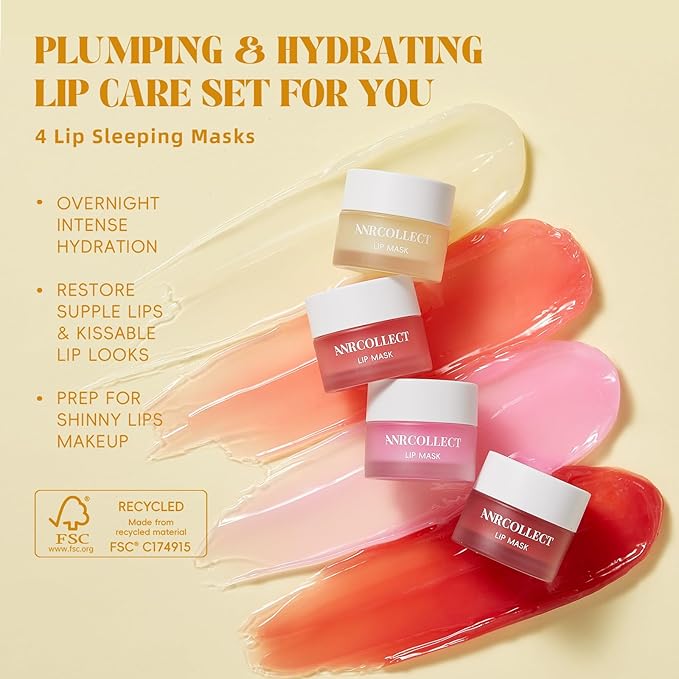 ANRCOLLECT Lip Mask Overnight Set, 4Pcs Lip Care Hydration Treatment Exfoliator Mask Kit, Revives & Nourishes Gift Set for All Day Moisturizing with Collagen & Shea Butter