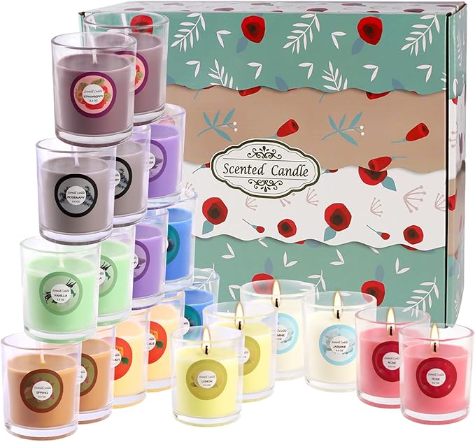 20 Pack Strong Scented Candles Gift Set with 10 Fragrances for Home and Women, Aromatherapy Soy Wax Glass Jar Candle