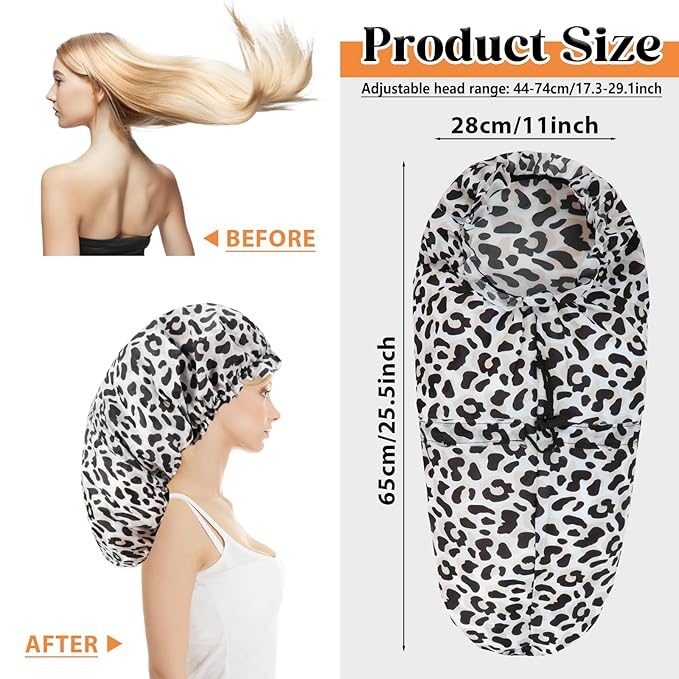 2 Pcs Large Shower Cap for Braids, Extra Long Shower Cap for Women Long Hair & Locs, Waterproof Hair Bonnets for Dreadlocks Drawstring Bath Caps for Women & Men (Black, Cow Print)