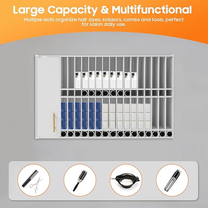 Professional Hair Color Organizer Rack, Wall Mounted Barber Salon Station Adjustable Shelves Hair Color Tube Storage Cabinet for Barbershop Beauty Spa, 43.5x7x26.6in (White)
