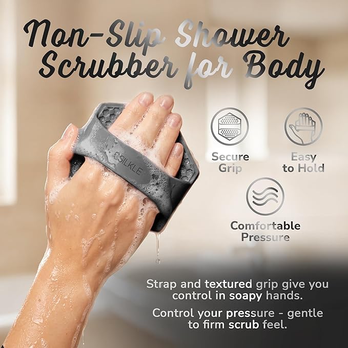SILKLE Silicone Body Scrubber – Gentle Exfoliating Shower Scrubber for Body & Bath, Silicone Shower Brush & Loofah Alternative – Non-Slip Silicone Body Brush, Quick Dry, Hygienic - Black