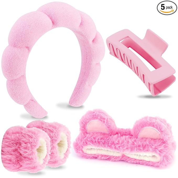 VELSCRUN Spa Headband, Makeup Face Wash Skincare Headbands, 5 Pcs Sponge Get Ready Bear Ears Hairband Facial Wristband Hair Clip Set, Stuff for Teen Girls Women Trendy Fashion Hair Accessories Pink