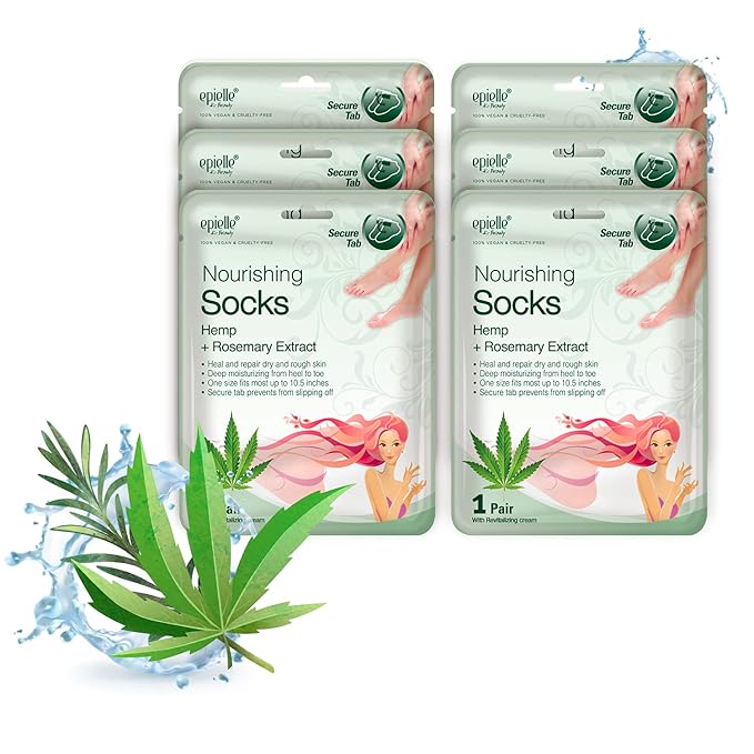 Epielle Nourishing Foot Mask 6 Pairs, Repair and Soften with Hemp & Rosemary Extract, Deep Moisturizing Socks for Dry, Cracked Feet, Self Care Gifts for Women, Spa Kit, Mothers Day Gifts