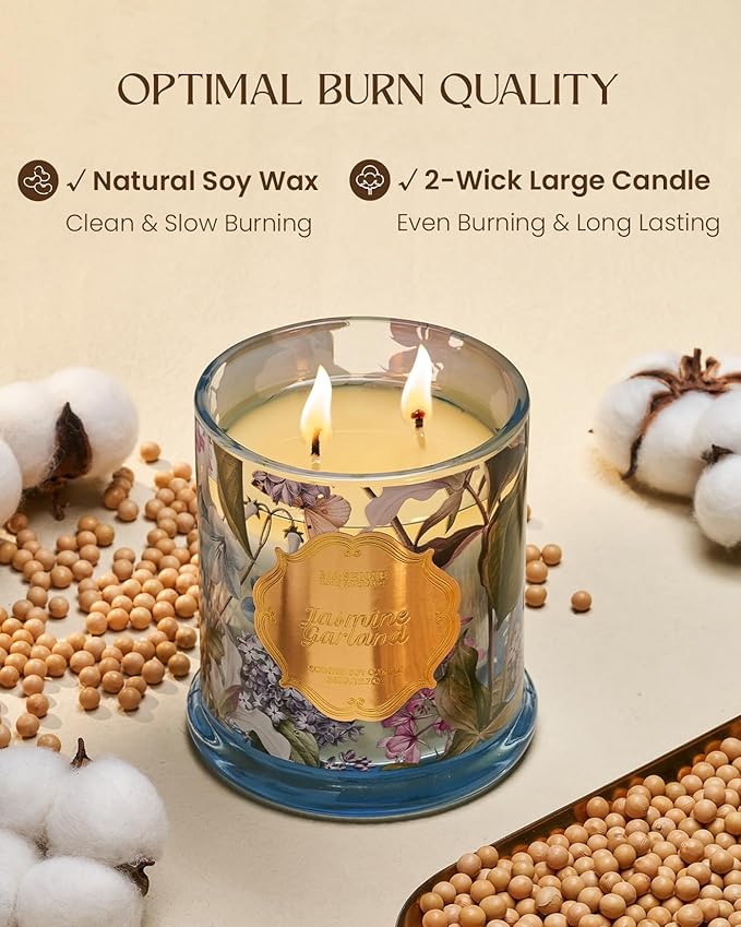 M&SENSE Jasmine Garland Spring Natural Soy Candle, 12.7oz 75H Slow Burning Floral Scented Candle, Home Aromatherapy, Perfect Present for Mom Her