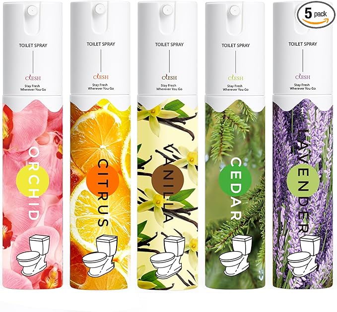 Travel Size Toilet Spray, Bathroom Odor Eliminator, 5 Pack, 1 fl oz Each, Up to 250 Uses, For Home and Travel, Essential Oils Freshener Spray, Orchid, Citrus, Vanilla, Cedar, Lavender