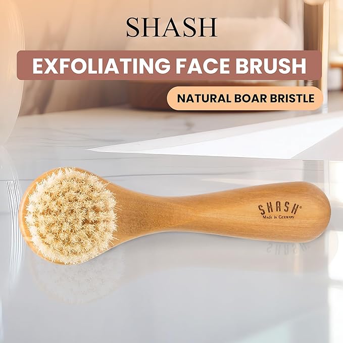 SHASH Made in Germany Hand Made Since 1869 First Cut 100% Boar Bristle - Exfoliating Face Brush, Scrub Cleansing Brush, Exfoliates Skin to Help Reduce Flaking, Fine Lines, Supports Glowing Complexion