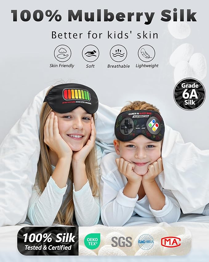 BeeVines 2 Pcs 100% Mulberry Silk Sleep Mask, Game Themed Eye Mask for Kids & Adults, Soft Skin-Friendly Blackout Eye Cover with Adjustable Strap, Lightweight Silk Eye Mask for Travel Sleep