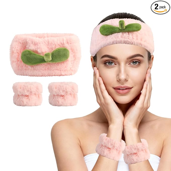 PERFECTSIGHT Spa Headband for Washing Face, Cute Wristband Hair Band Set for Shower Yoga Beauty Skincare Party, Soft Fluffy Makeup Headband, Kawaii Facial Headbands for Woman Girls, Peach