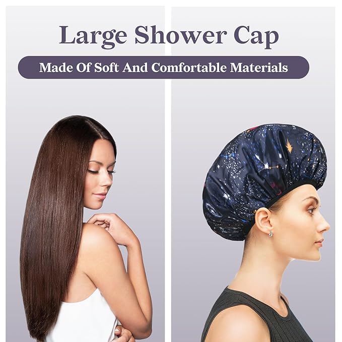 Navy Astral Print Satin Shower Cap, Three-Layer Terry Cloth Lined, with Silk Hair Ties, Microfiber Waterproof Reusable Large Size Shower Cap for Women Long Thick Hair
