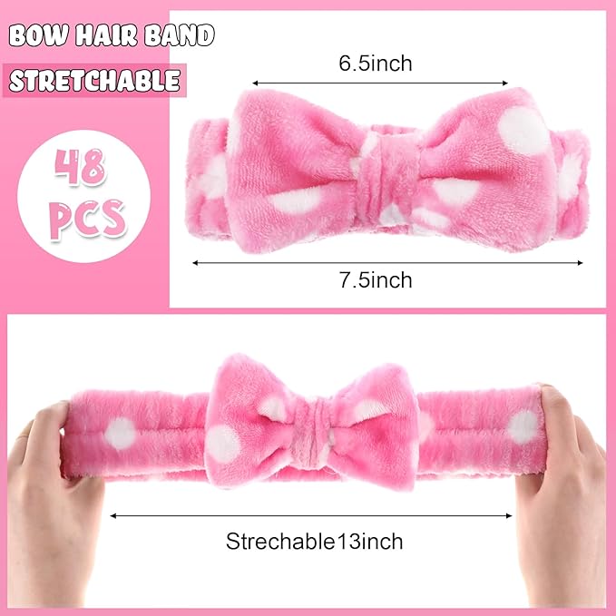 Tigeen 48 Pieces Spa Headband Bulk, Headband for Washing Face, Coral Fleece Bow Skincare Hair Band, Valentines gift for Women Shower Cosmetic Facial Makeup Mask(Pink,1 Style)
